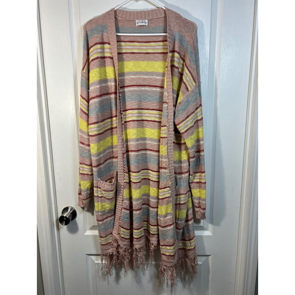 Wonderly‎ Striped Knit Duster Cardigan Sweater Fringe Pink Yellow Gray Size M